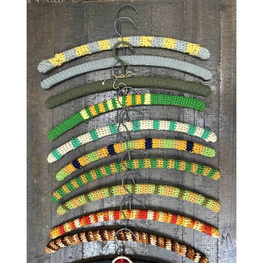 Lot 18 Vintage Crochet Covered Wooden Clothes Hangers Colorful Grannycore